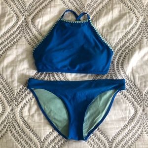 Aerie Royal Blue and Teal High Neck Bikini Set